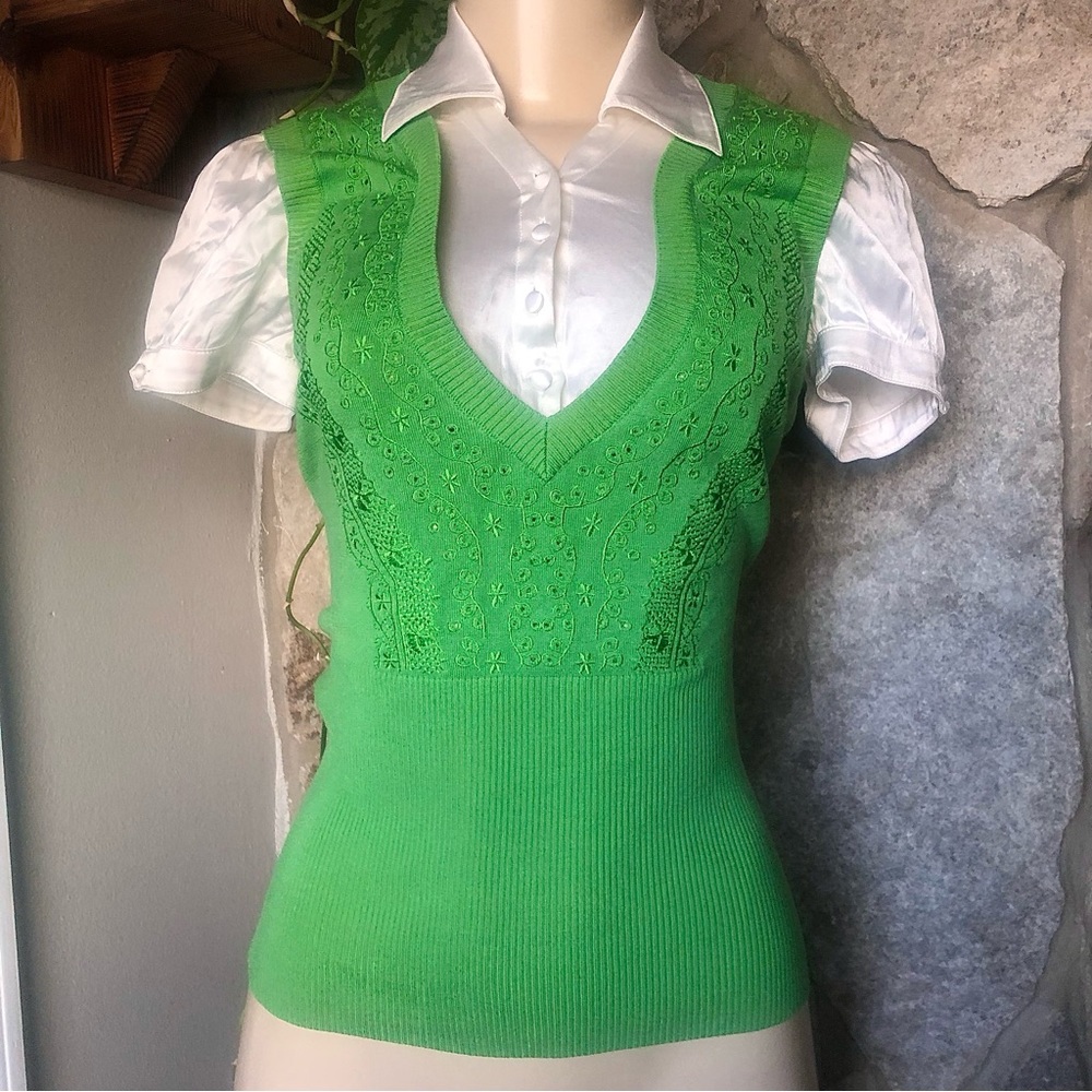 Bebe Luxury Silk Business Collar Button Up Sweater Vest Layered Blouse Shirt Top